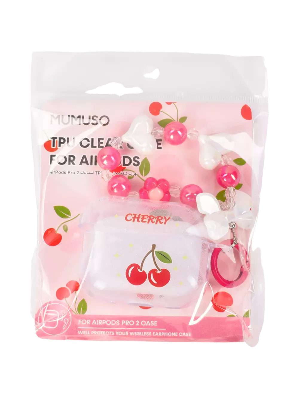 TPU-Schutzhülle für AirPods Pro 2 mit Kirsch-Design und Handgelenkkette (Transparent/Rosa)