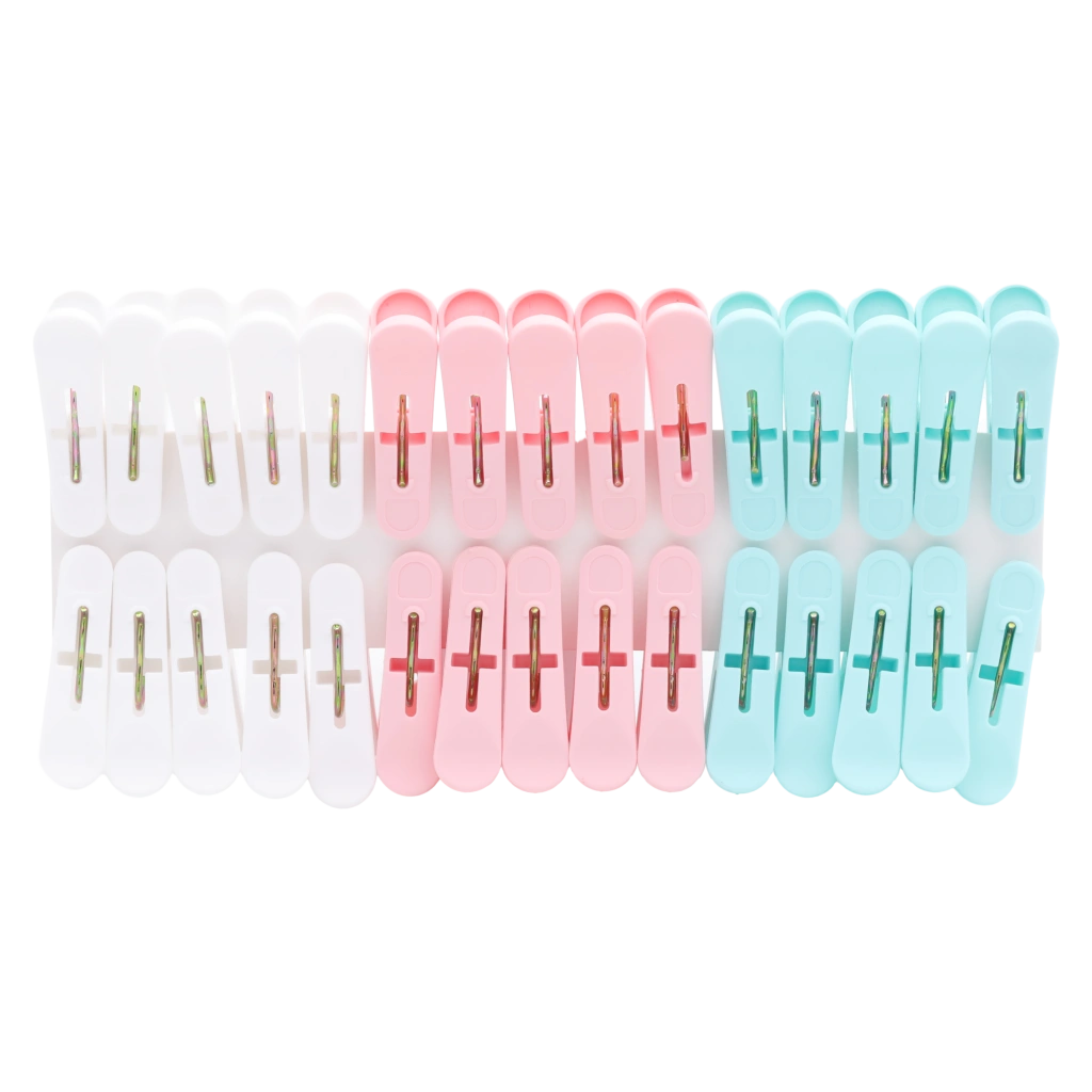 30er-Pack Wäscheklammern aus PP für den Haushalt (Blau/Rosa/Weiß)