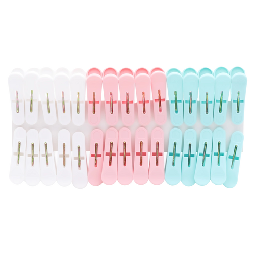 30er-Pack Wäscheklammern aus PP für den Haushalt (Blau/Rosa/Weiß)