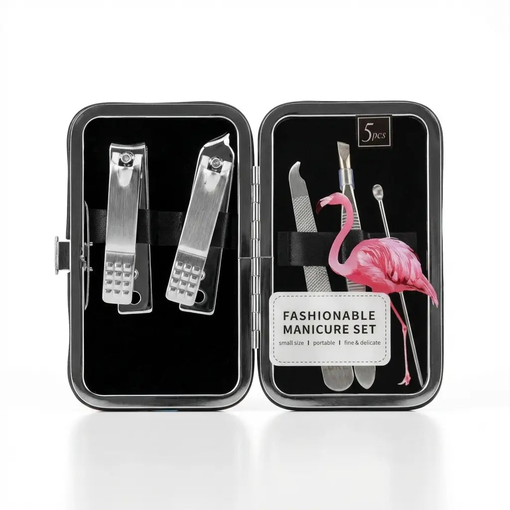5-teiliges Maniküre Set aus Edelstahl mit Flamingo-Design (Mehrfarbig)