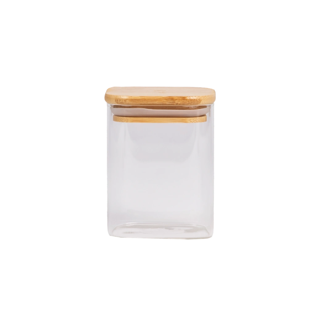 Quadratisches Aufbewahrungsglas aus Borosilikatglas mit Bambusdeckel, 500 ml (Transparent)