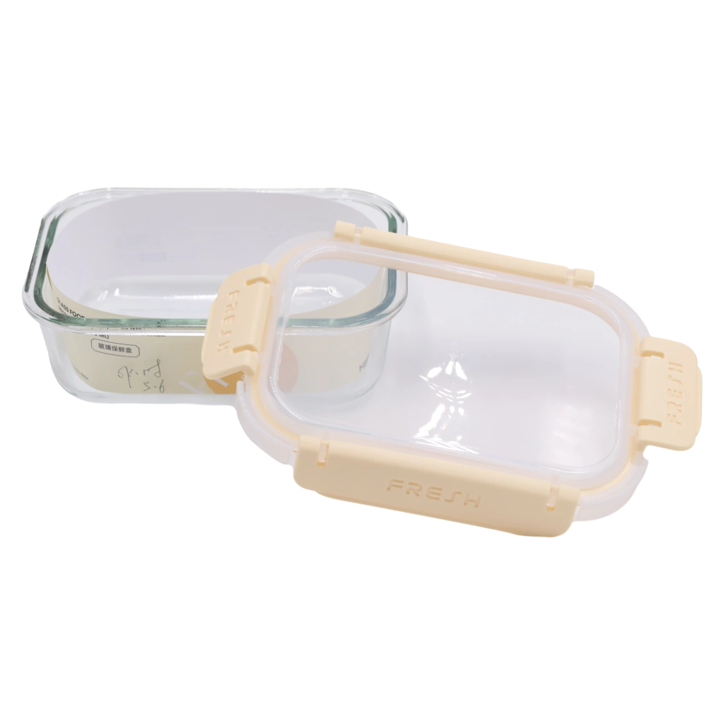 Rechteckige Glas-Frischhaltedose mit PP-Deckel und Silikondichtung, 650 ml (Gelb)