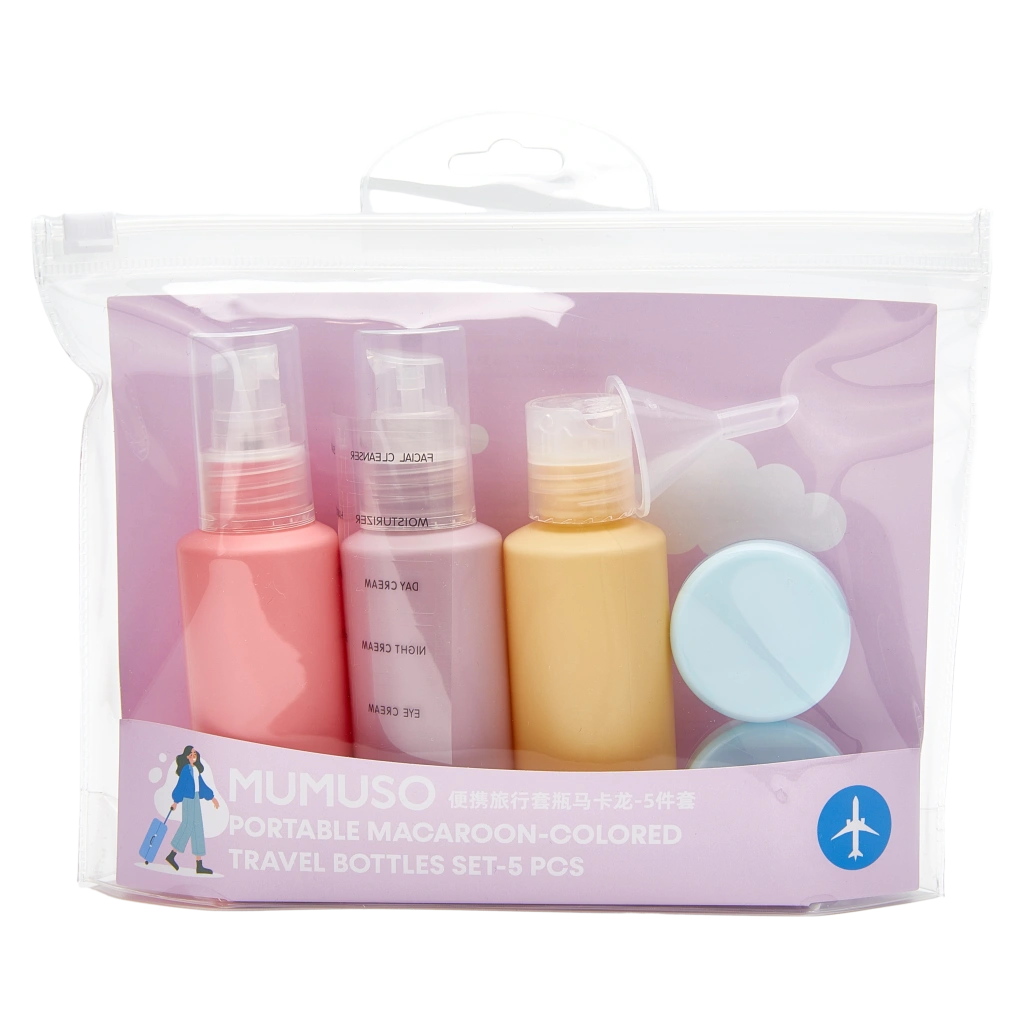 5-teiliges Reiseflaschen-Set mit Reißverschlussetui, nachfüllbar (Rosa/Gelb/Blau/Lila)