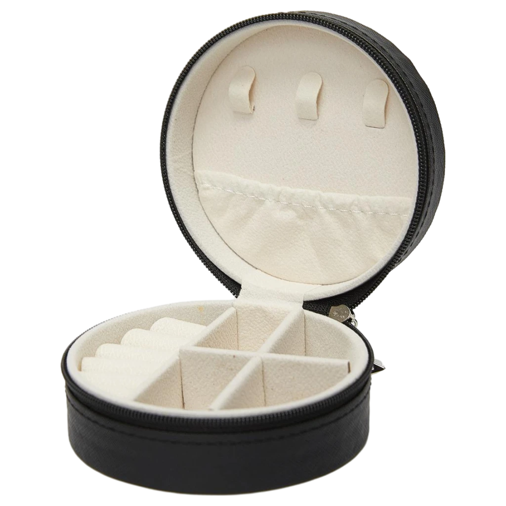 Schmuckbox aus Kunstleder rund, kompakt (Schwarz)
