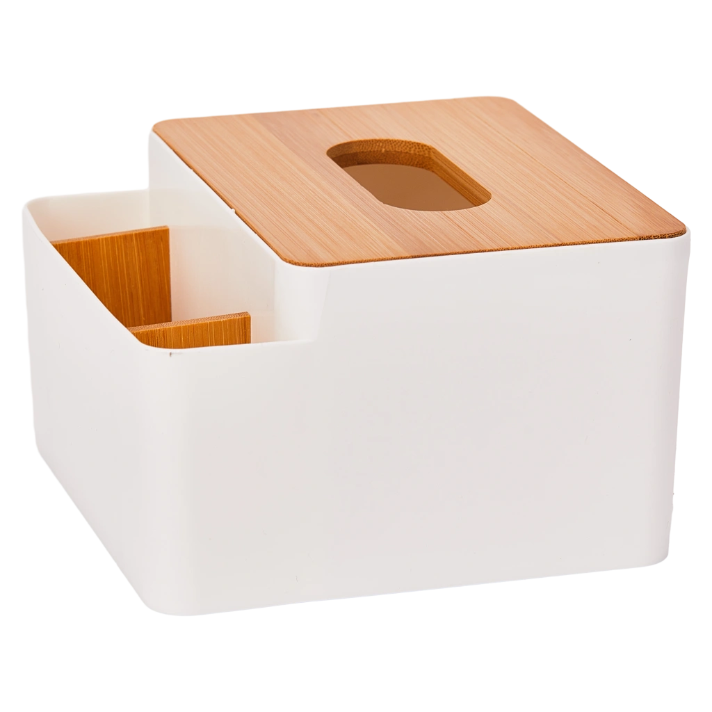 Multifunktionale Taschentuchbox mit Bambusdeckel, Organizer (Weiß)