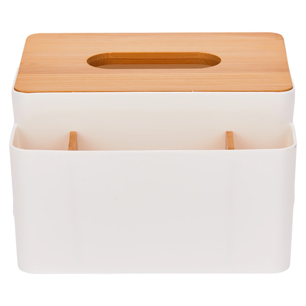 Multifunktionale Taschentuchbox mit Bambusdeckel, Organizer (Weiß)