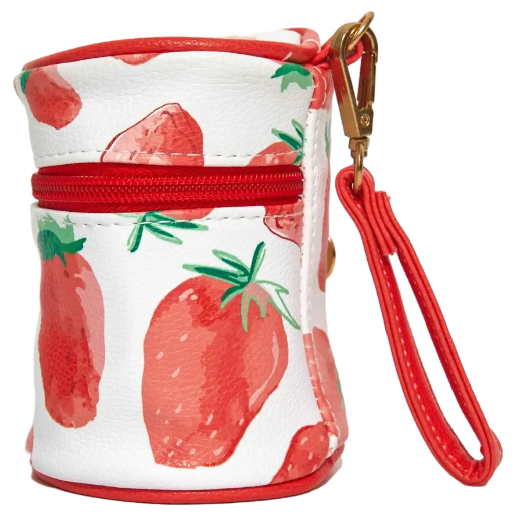 Zylindrische Handtasche aus PVC mit Erdbeer-Design (Weiß/Rot)
