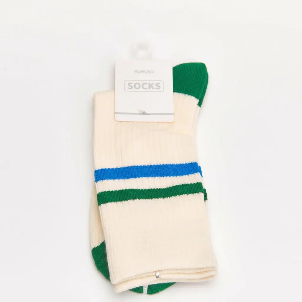 Crew Socken Damen aus Baumwollmischung mit Doppelstreifen (Weiß/Grün/Blau)