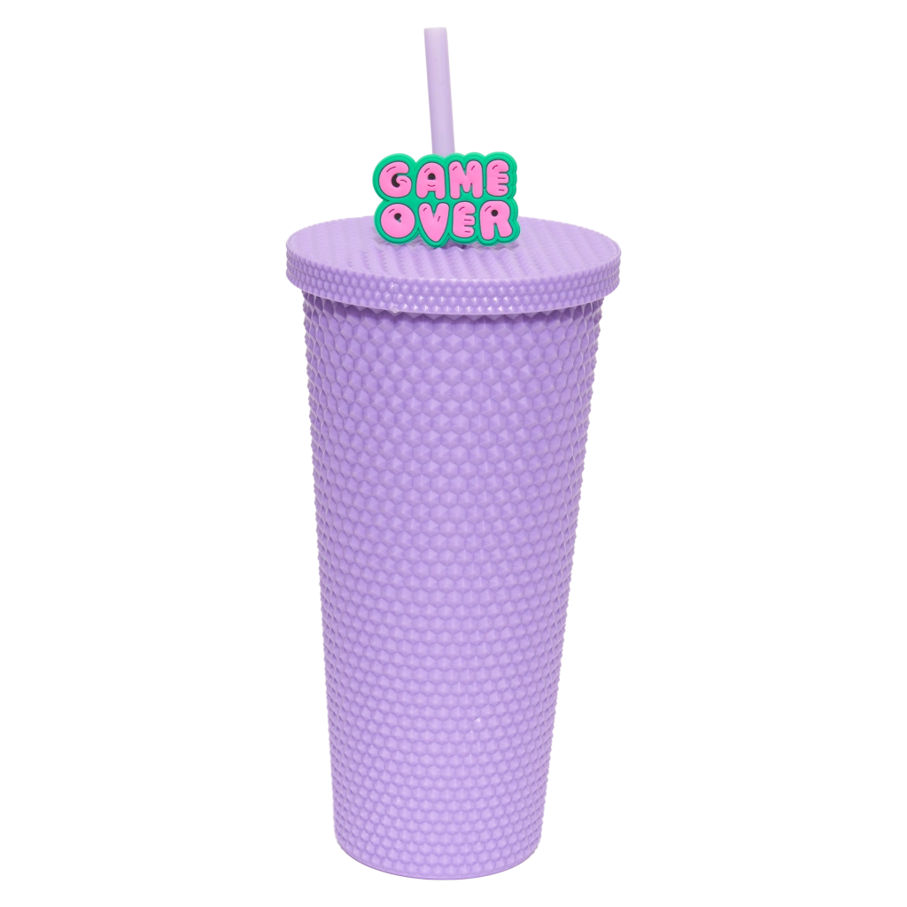 Kunststoff-Trinkbecher mit Deckel und Strohhalm, 700 ml (Lila) mit Game Over-Print