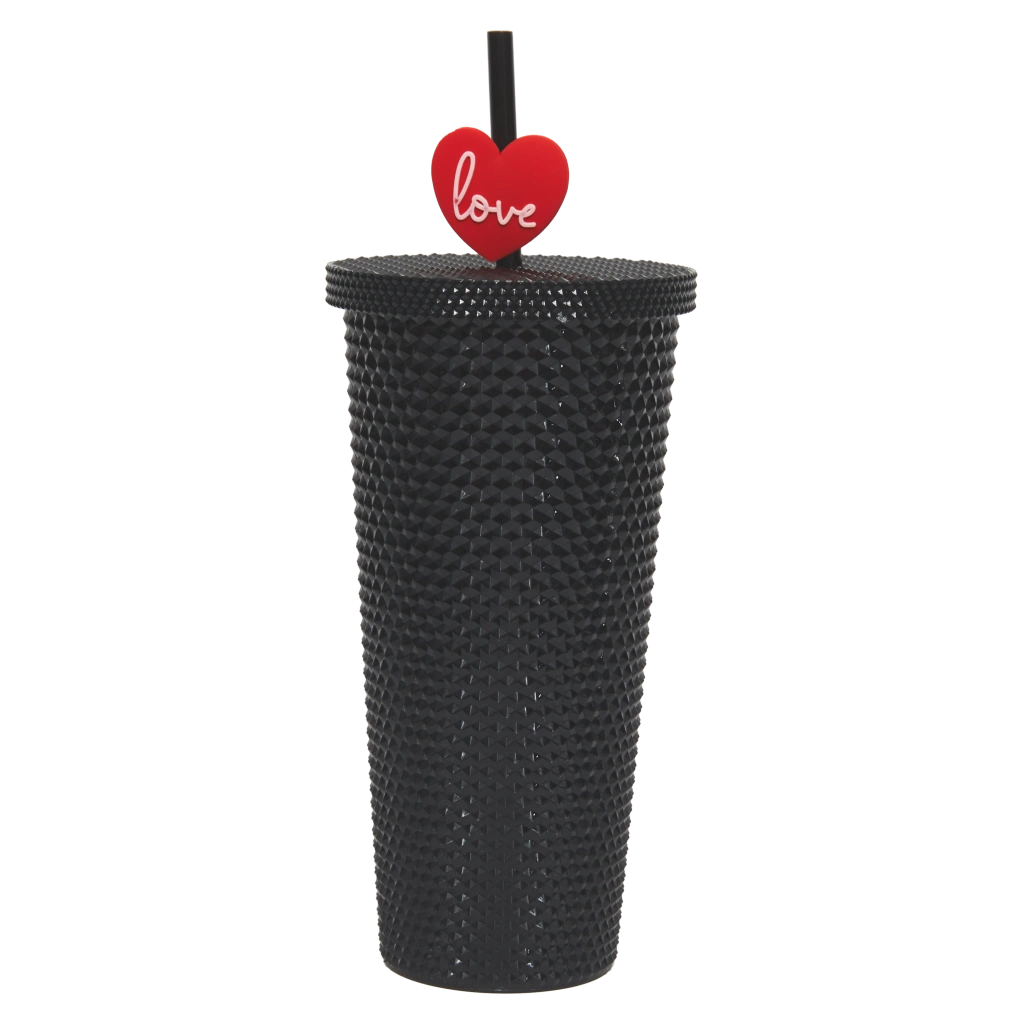 Kunststoff-Trinkbecher mit Noppenstruktur und Strohhalm, 700 ml (Schwarz)