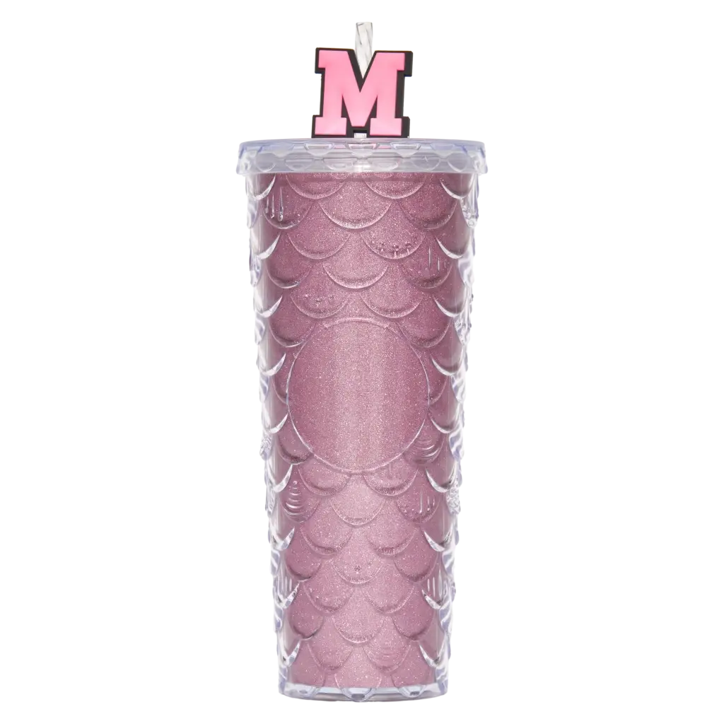 Kunststoff-Trinkbecher mit geprägtem Schuppen-Design, 700 ml (Pink) mit Strohhalm
