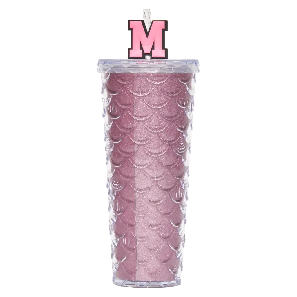 Kunststoff-Trinkbecher mit geprägtem Schuppen-Design, 700 ml (Pink) mit Strohhalm