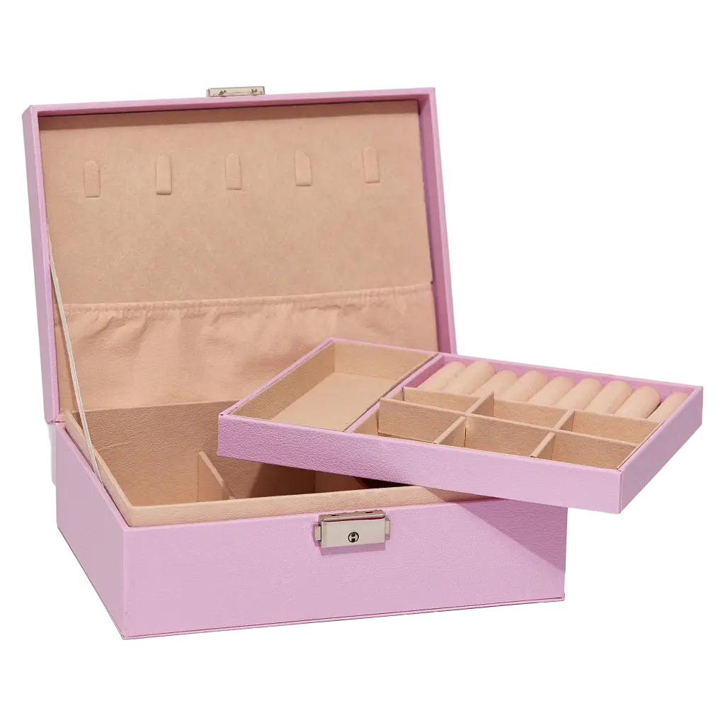 Doppellagige Schmuckbox aus Kunstleder mit Flanell-Innenfutter (Rosa)
