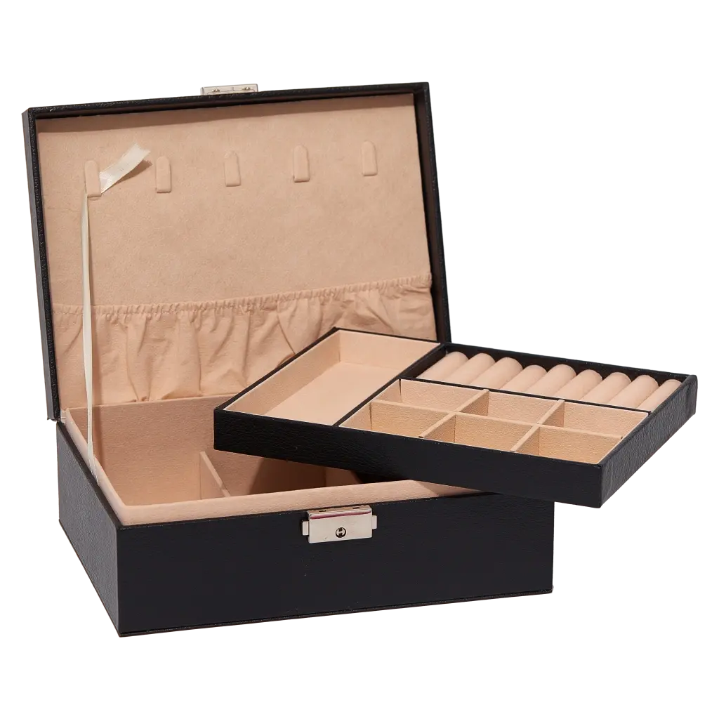 Zweilagige Schmuckbox aus PVC-Leder und Flanell zur Schmuckaufbewahrung (Schwarz)