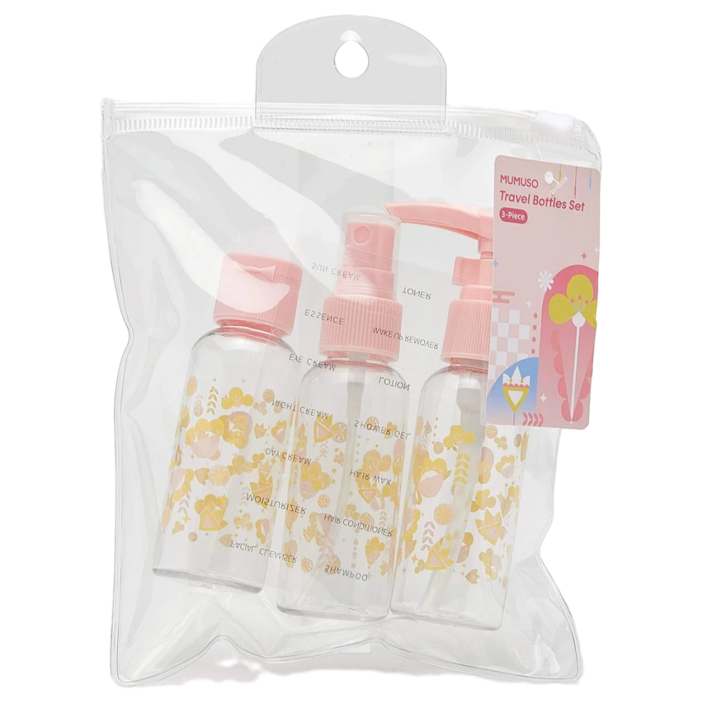 3-teiliges Reiseflaschen-Set aus Kunststoff mit Frucht-Print (Rosa/Transparent)