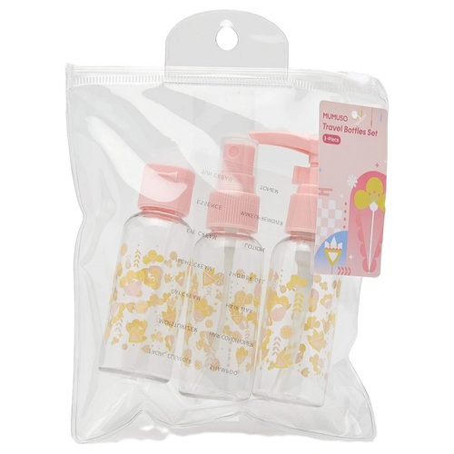 3-teiliges Reiseflaschen-Set aus Kunststoff mit Frucht-Print (Rosa/Transparent)