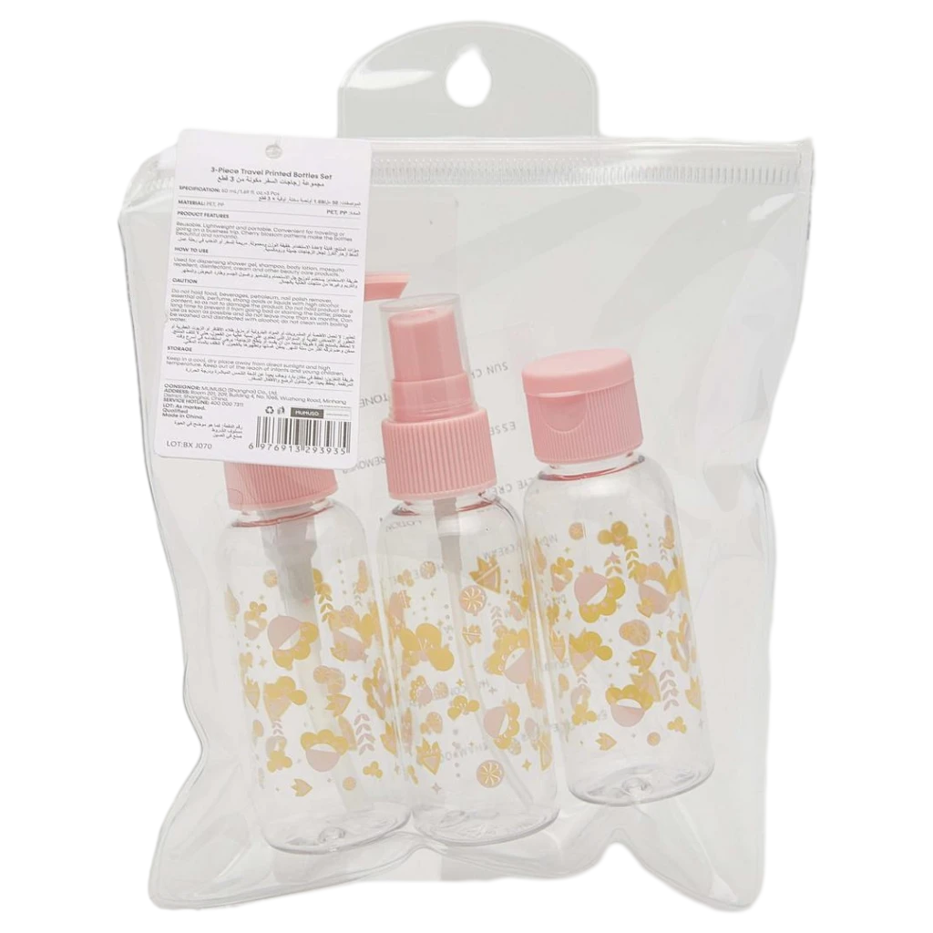 3-teiliges Reiseflaschen-Set aus Kunststoff mit Frucht-Print (Rosa/Transparent)