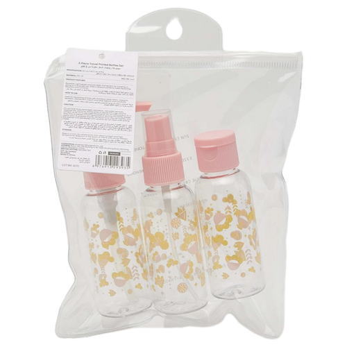 3-teiliges Reiseflaschen-Set aus Kunststoff mit Frucht-Print (Rosa/Transparent)