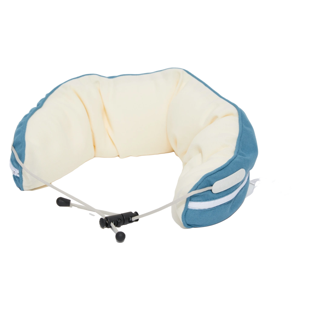 U-förmiges Nackenkissen mit Partikelfüllung, ergonomisch stützend (Blau/Creme)