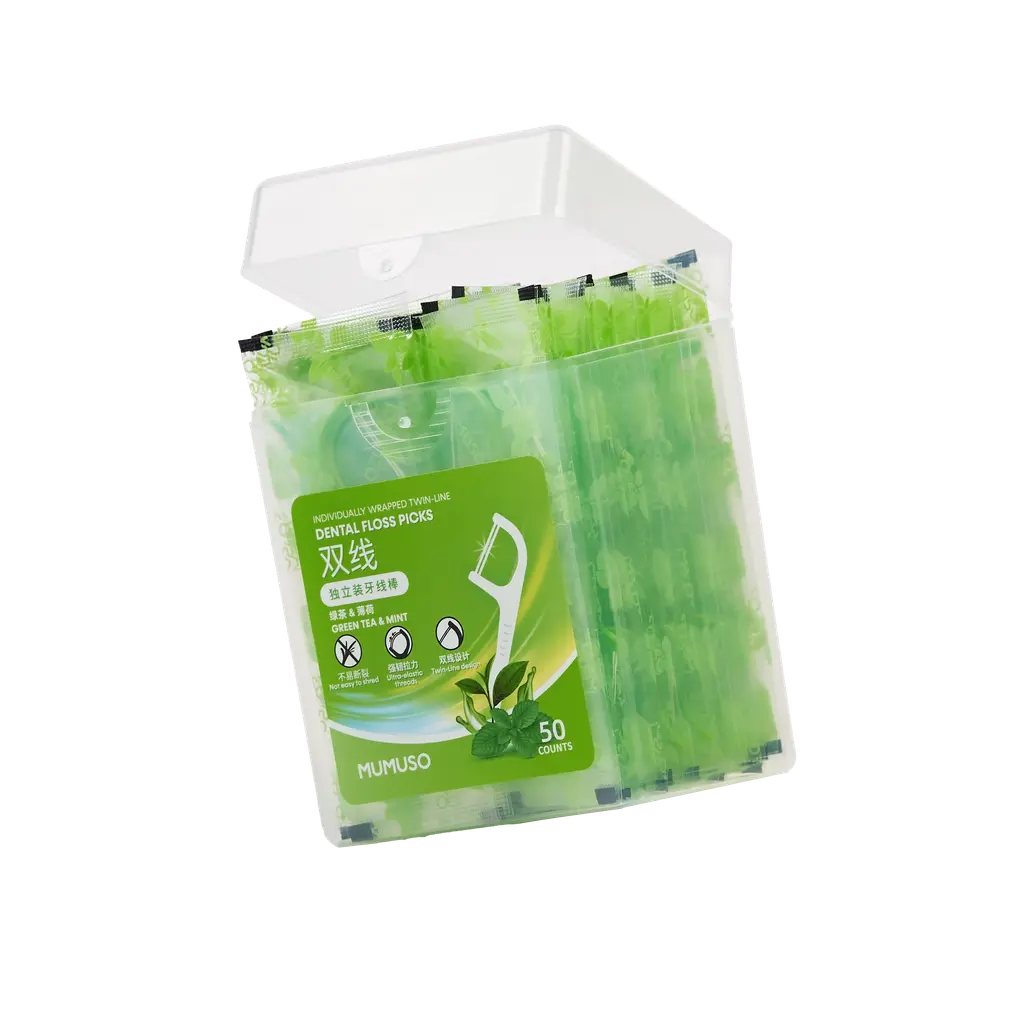 50 einzeln verpackte Twin-Line Zahnseide-Sticks mit Minze/Grüner Tee-Geschmack (Grün)