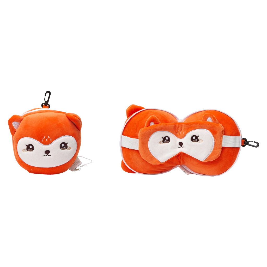 2-in-1 Reise-Nackenkissen aus Polyester mit Fuchs-Design und Schlafmaske (Orange/Weiß)