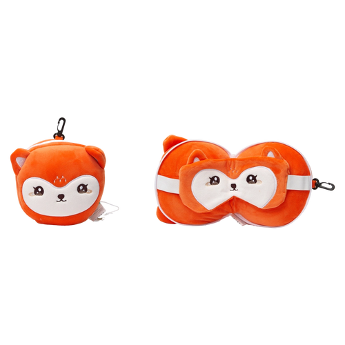 2-in-1 Reise-Nackenkissen aus Polyester mit Fuchs-Design und Schlafmaske (Orange/Weiß)