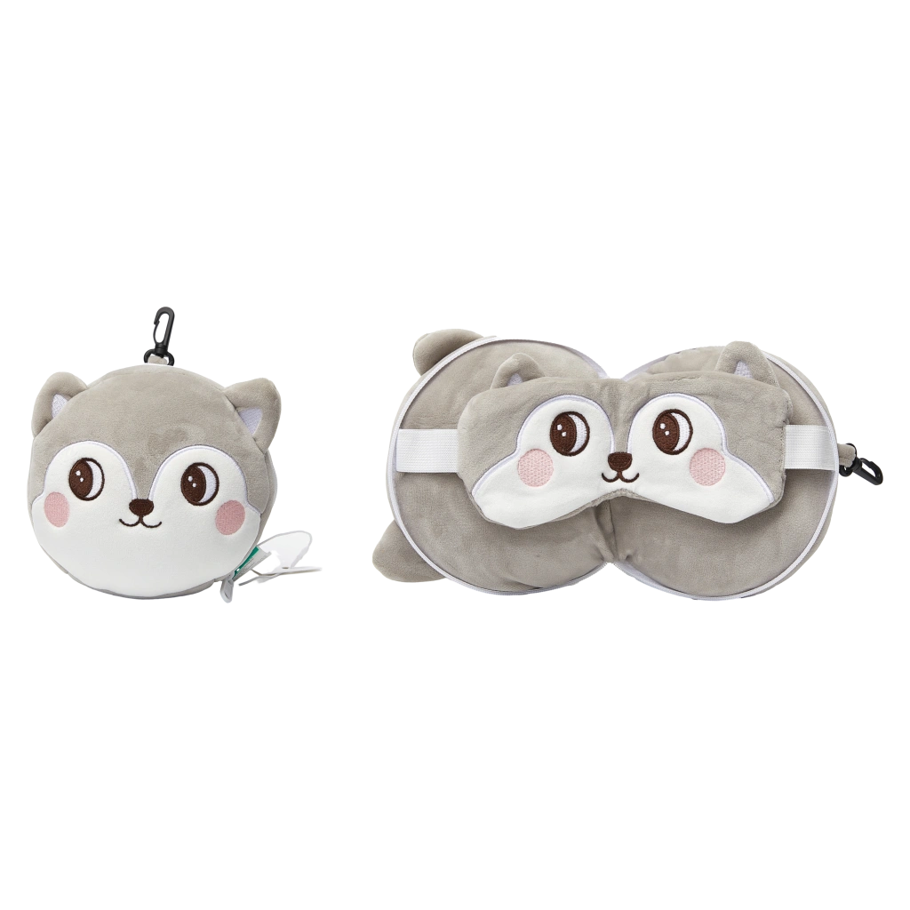 2-in-1 Nackenkissen und Schlafmaske aus Polyester mit Shiba Inu-Design (Grau)