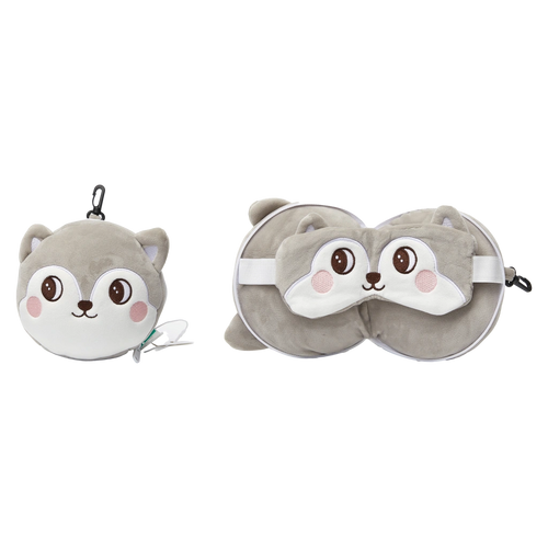 2-in-1 Nackenkissen und Schlafmaske aus Polyester mit Shiba Inu-Design (Grau)