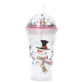 Kunststoff-Trinkbecher mit Kuppeldeckel und Strohhalm, Schneemann-Design, 450 ml (Transparent)