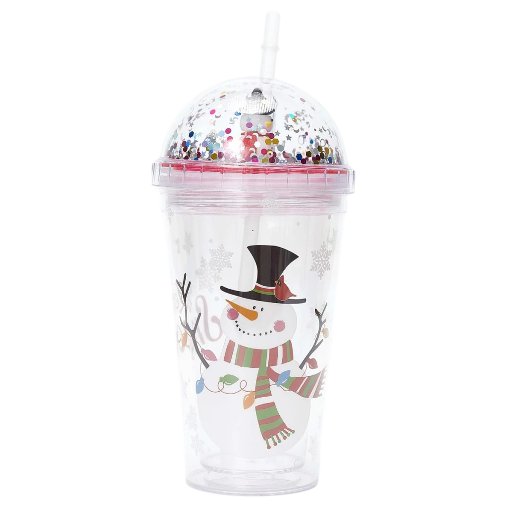Kunststoff-Trinkbecher mit Kuppeldeckel und Strohhalm, Schneemann-Design, 450 ml (Transparent)