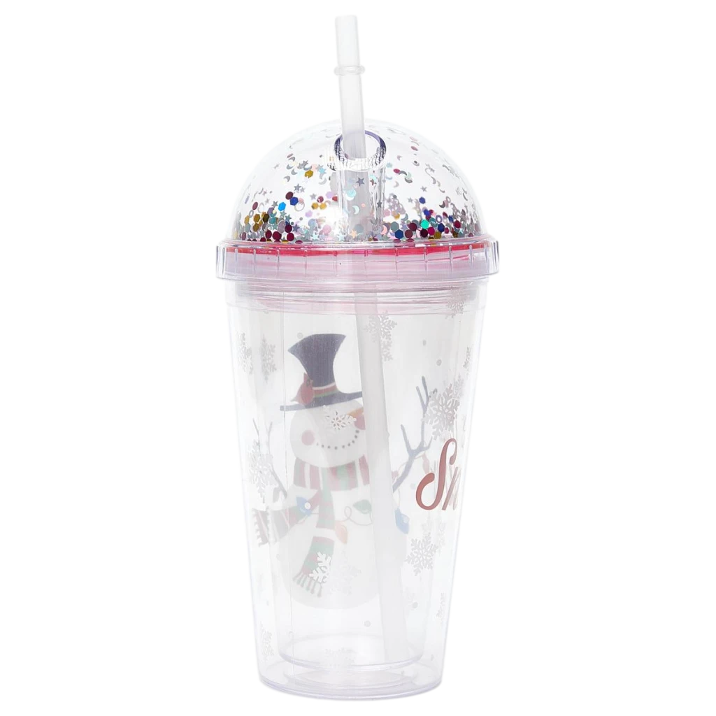 Kunststoff-Trinkbecher mit Kuppeldeckel und Strohhalm, Schneemann-Design, 450 ml (Transparent)