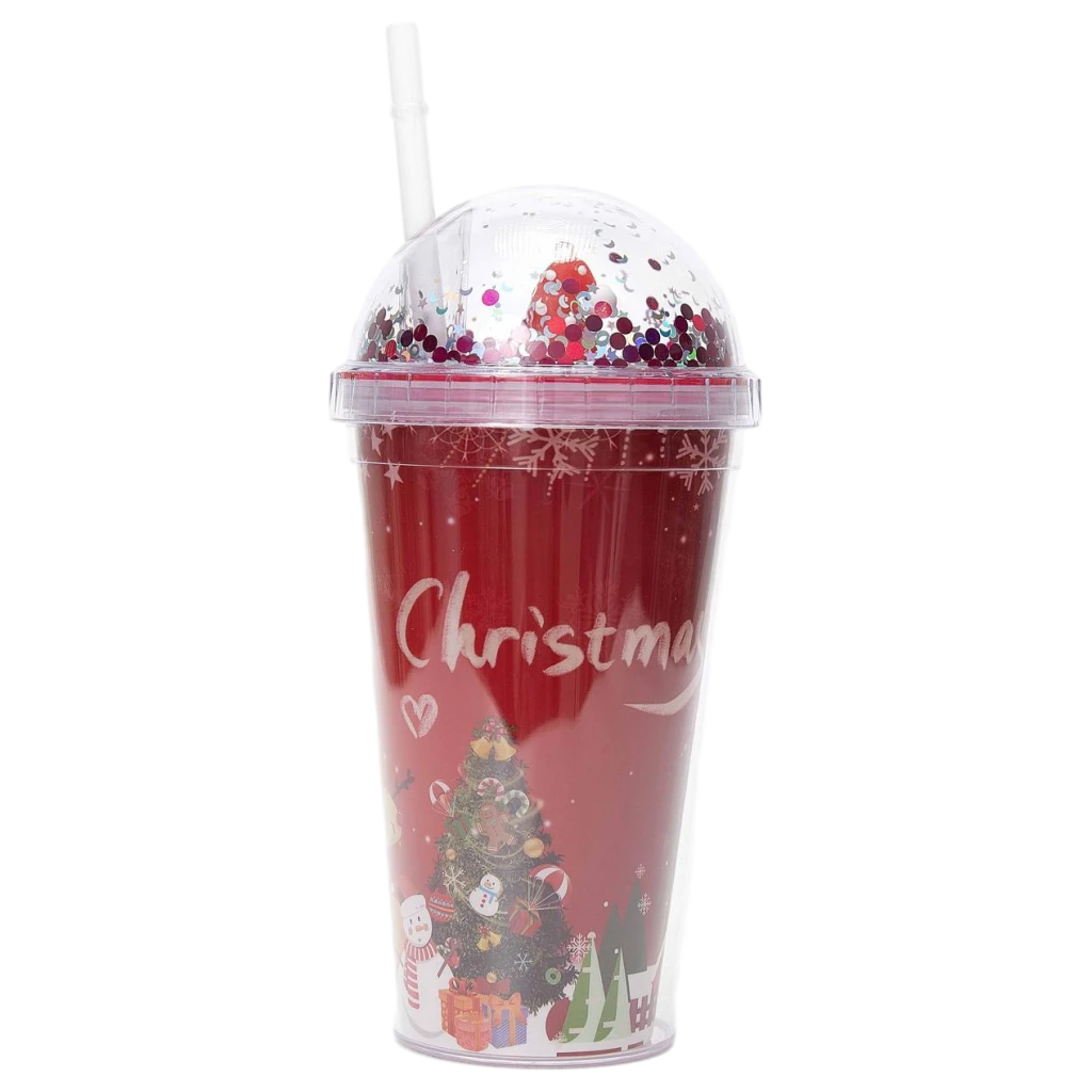 Kunststoff-Trinkbecher mit Kuppeldeckel und Weihnachts-Design, 450 ml (Rot)