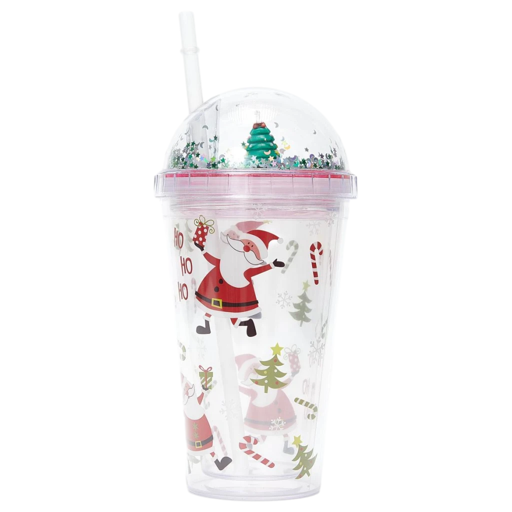 Kunststoff-Trinkbecher mit Kuppeldeckel und Strohhalm, 450 ml, mit Weihnachtsmann- und Tannenbaum-Design (Transparent)