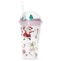 Kunststoff-Trinkbecher mit Kuppeldeckel und Strohhalm, 450 ml, mit Weihnachtsmann- und Tannenbaum-Design (Transparent)