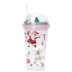 Kunststoff-Trinkbecher mit Kuppeldeckel und Strohhalm, 450 ml, mit Weihnachtsmann- und Tannenbaum-Design (Transparent)