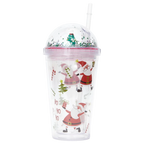 Kunststoff-Trinkbecher mit Kuppeldeckel und Strohhalm, 450 ml, mit Weihnachtsmann- und Tannenbaum-Design (Transparent)