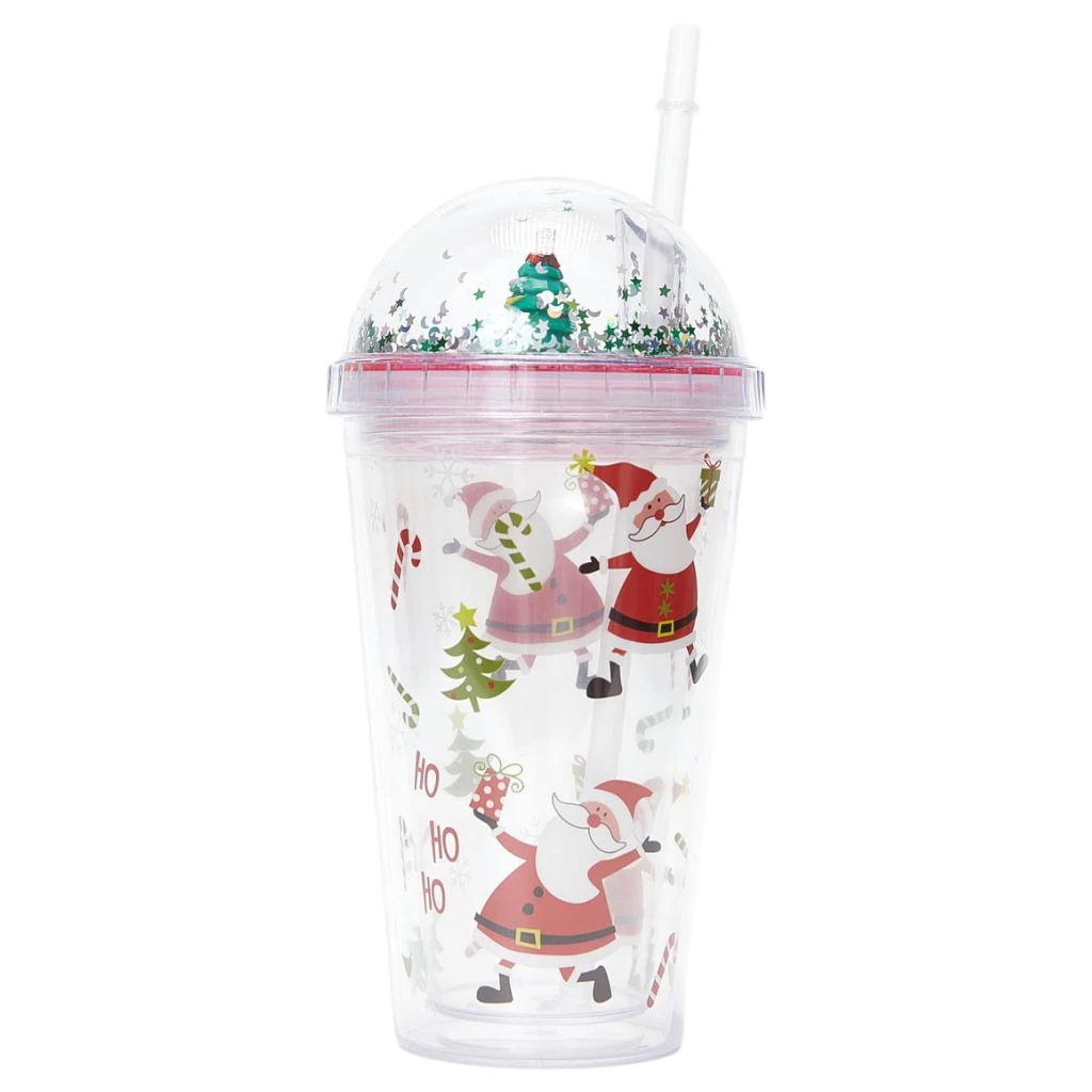 Kunststoff-Trinkbecher mit Kuppeldeckel und Strohhalm, 450 ml, mit Weihnachtsmann- und Tannenbaum-Design (Transparent)
