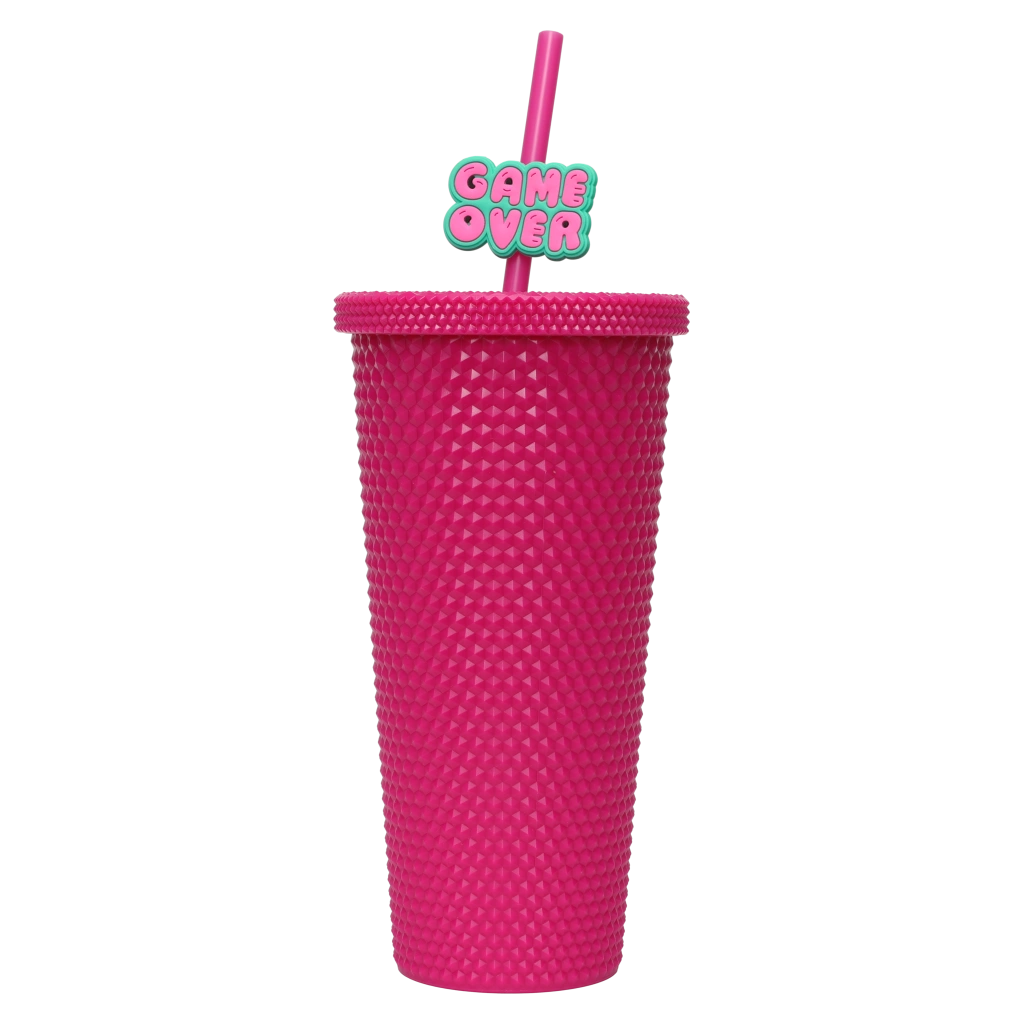 Trinkbecher aus Polystyrol mit Deckel und Strohhalm, 700 ml (Pink)