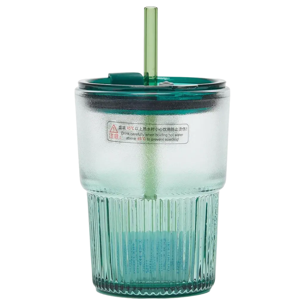 Glasbecher mit Deckel und Strohhalm, 450 ml (Grün)