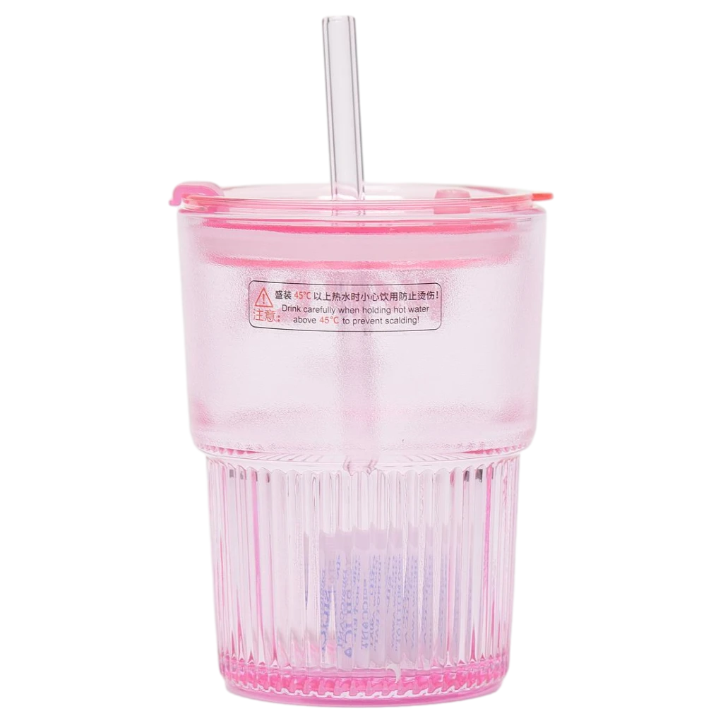 Coffee Tumbler aus Glas mit Deckel und Glasstrohhalm, 450 ml (Rosa)