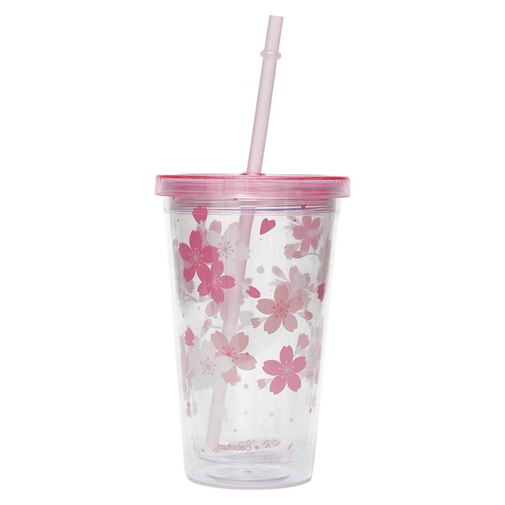 Kunststoff-Trinkbecher mit Strohhalm, 450 ml mit Kirschblüten-Design (Rosa)