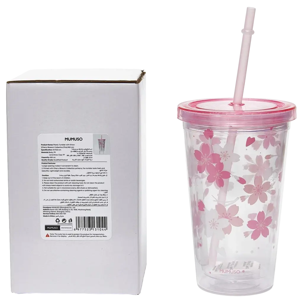 Kunststoff-Trinkbecher mit Strohhalm, 450 ml mit Kirschblüten-Design (Rosa)