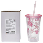Kunststoff-Trinkbecher mit Strohhalm, 450 ml mit Kirschblüten-Design (Rosa)