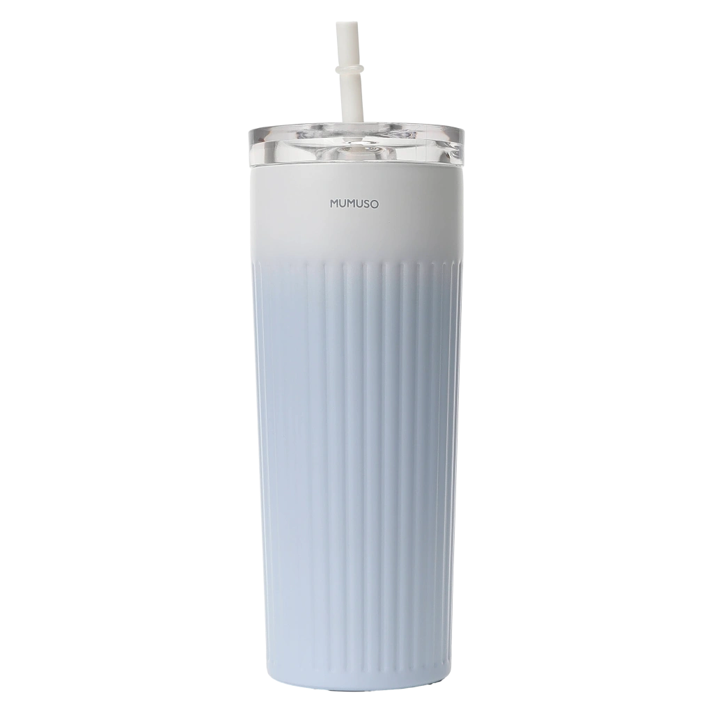 Gerippter Isolierbecher mit Strohhalm aus Edelstahl, 500 ml, Kollektion Kirschblüte (Blau)