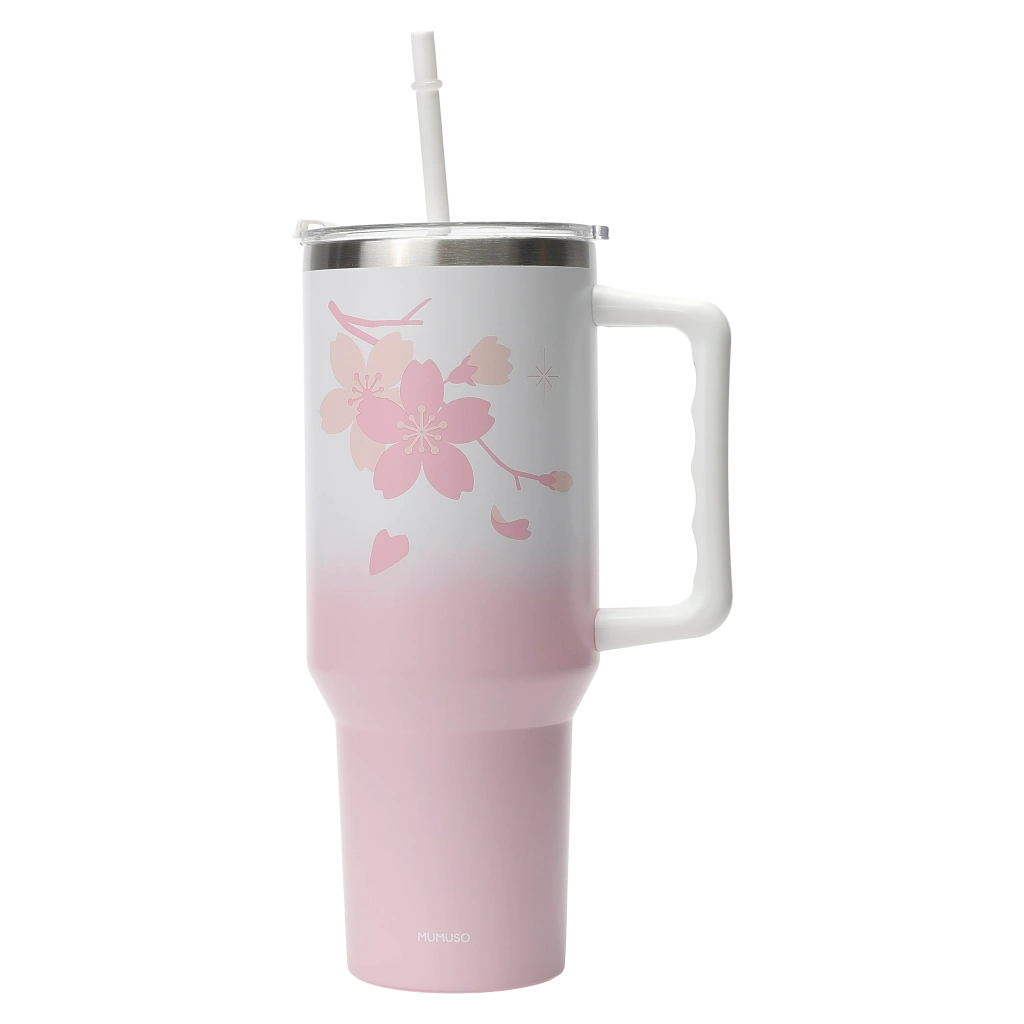Isolierter Trinkbecher mit Henkel und Strohhalm, 1200 ml, Kollektion Kirschblüte (Pink) mit Kirschblüten-Design