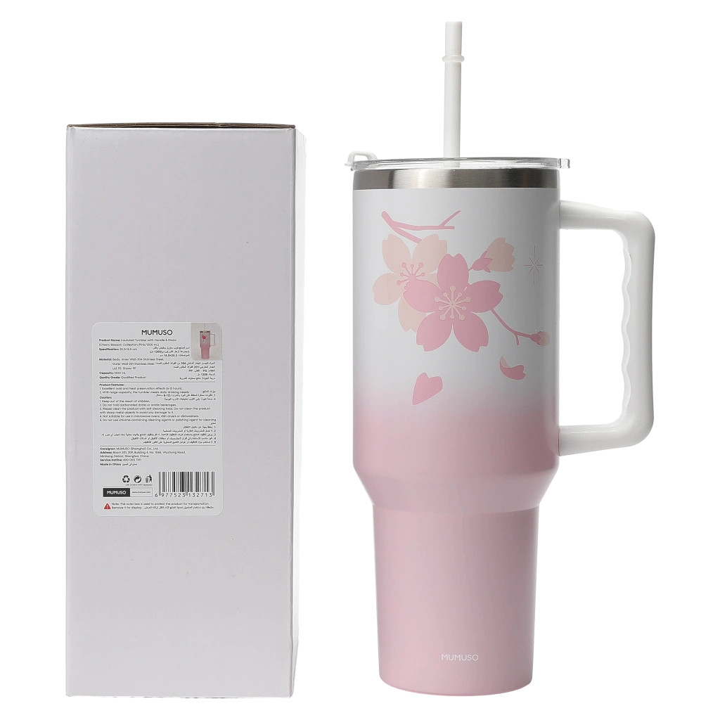Isolierter Trinkbecher mit Henkel und Strohhalm, 1200 ml, Kollektion Kirschblüte (Pink) mit Kirschblüten-Design
