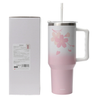 Isolierter Trinkbecher mit Henkel und Strohhalm, 1200 ml, Kollektion Kirschblüte (Pink) mit Kirschblüten-Design