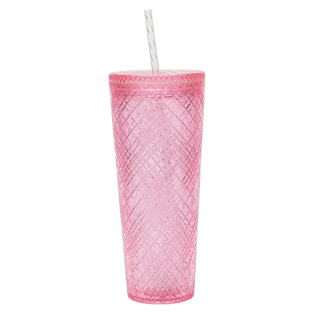 Plaid Kunststoffbecher mit Strohhalm, 740 ml, Kollektion Kirschblüte (Pink)