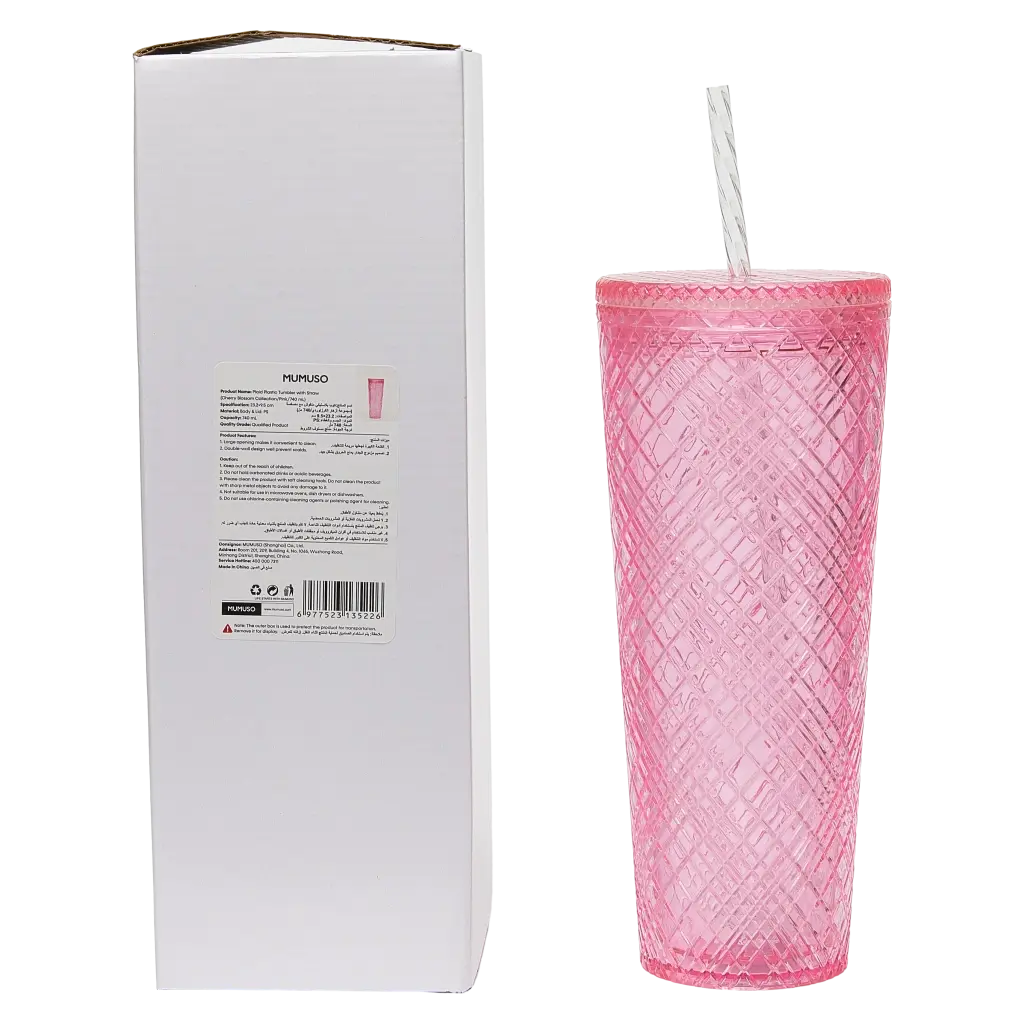 Plaid Kunststoffbecher mit Strohhalm, 740 ml, Kollektion Kirschblüte (Pink)