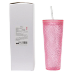 Plaid Kunststoffbecher mit Strohhalm, 740 ml, Kollektion Kirschblüte (Pink)